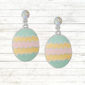 Easter Egg Pastel Stripe Chevron Decorated Egg Drop Earrings with Crystals NEW